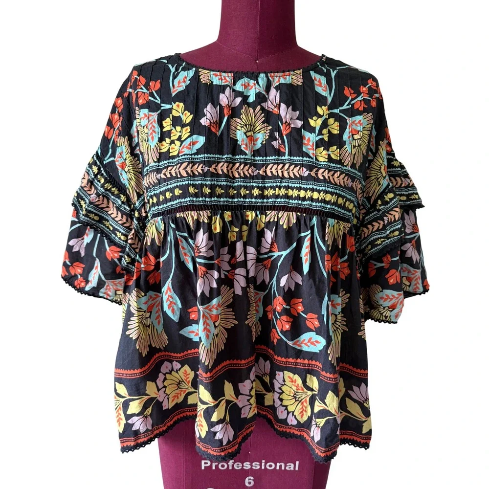 Farm Rio Blouse Top Short Sleeve Flowery Multicolor Medium - Picture 3 of 10